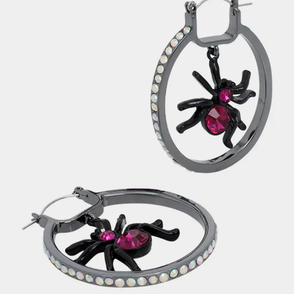 Betsey Johnson GHOUL FRIENDS 
SPIDER HOOP EARRINGS PINK STONES-Halloween NWT🕷️ - Picture 5 of 9